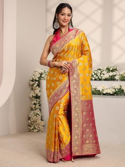 Libas Art - Mustard Floral Beads Woven Design Floral Saree With Unstitched Blouse