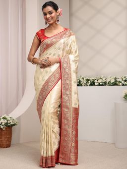 Libas Art - Cream Floral Beads Woven Design Floral Saree With Unstitched Blouse