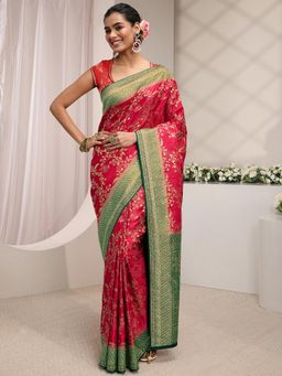 Libas Art - Pink Floral Woven Design Embellished Border Saree With Unstitched Blouse