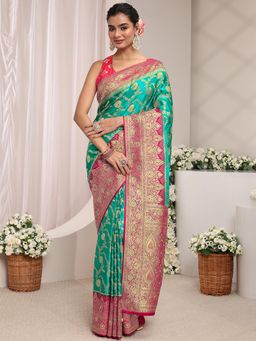 Libas Art - Green Floral Woven Design Embellished Border Saree With Unstitched Blouse