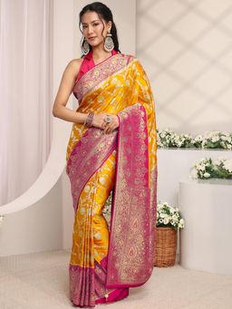 Libas Art - Mustard Floral Woven Design Embellished Border Saree With Unstitched Blouse
