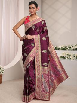 Libas Art - Burgundy Floral Woven Design Embellished Border Saree With Unstitched Blouse
