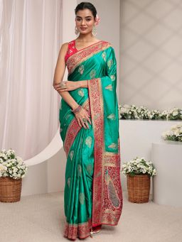 Libas Art - Green Floral Woven Design Embellished Border Saree With Unstitched Blouse