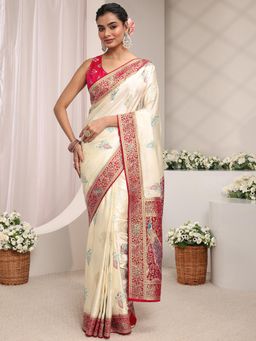 Libas Art - Cream Floral Woven Design Embellished Border Saree With Unstitched Blouse