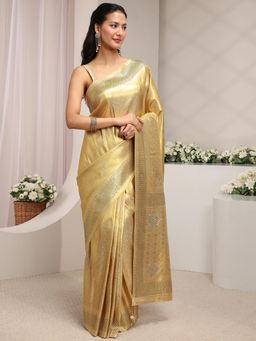 Libas - Gold Floral Woven Design Embellished Border Saree With Unstitched Blouse