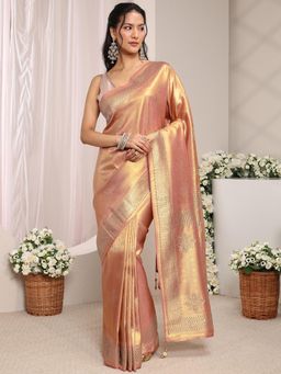 Libas - Peach Floral Woven Design Embellished Border Saree With Unstitched Blouse