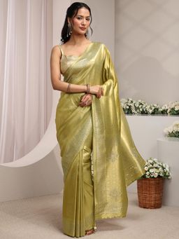 Libas - Green Floral Woven Design Embellished Border Saree With Unstitched Blouse