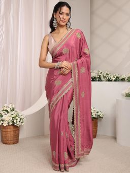Libas - Mauve Floral Beads Embellished Saree With Unstitched Blouse