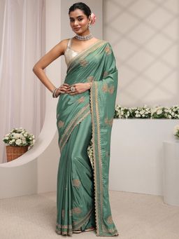 Libas - Green Floral Beads Embellished Saree With Unstitched Blouse