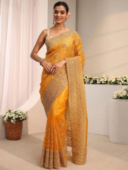 Libas - Mustard Floral Embellished Beads Saree With Unstitched Blouse