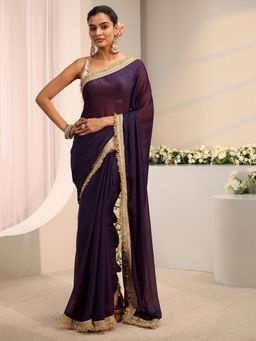 Libas - Purple Embellished Border Saree With Unstitched Blouse