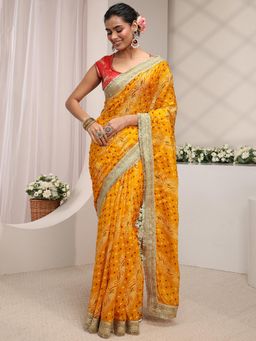 Libas - Yellow Floral Beads Embellished Saree With Unstitched Blouse