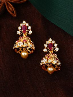 Estele - Gold Plated Cz Sparkling Jhumki Earrings With Pearl And Pink Crystals For Women