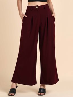 Dodo & Moa - Burgundy Mid Waist Flared Pleated Trousers for Women