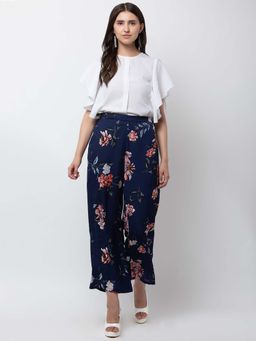 Dodo & Moa - Navy Blue Floral Straight Printed Women Trousers