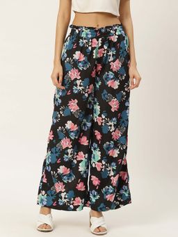 Dodo & Moa - Black and Pink Floral Printed Flared Women Trousers