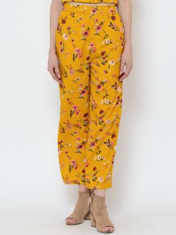 Dodo & Moa - Mustard Yellow And Pink Floral Printed Straight Trousers For Women