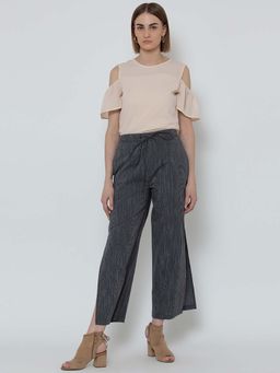Dodo & Moa - Charcoal Black Textured Tie Up Trousers For Women