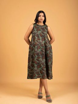 SPARSA - Green Printed Sleeveless A-Line Cotton Dress