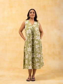 SPARSA - Light Green Printed A-Line Sleeveless Cotton Dress