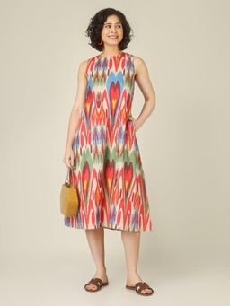 SPARSA - Off-White Ikkat Print Sleeveless A-Line Cotton Dress