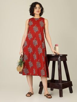 SPARSA - Red Printed Sleeveless A-Line Cotton Dress