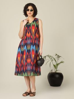 SPARSA - Multi-Color Printed V-Neck Sleeveless A-Line Cotton Dress