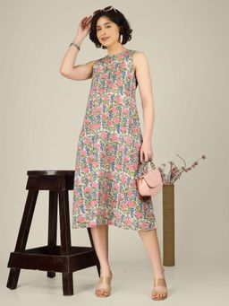 SPARSA - White Printed Sleeveless A-Line Cotton Dress