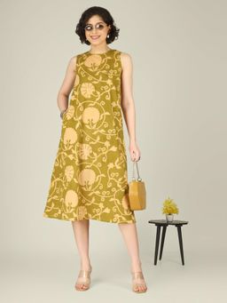 SPARSA - Green Printed Sleeveless A-Line Cotton Dress