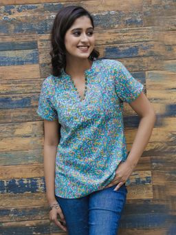 EARTHWEAR - Turquoise Hand Block Printed Cotton Top