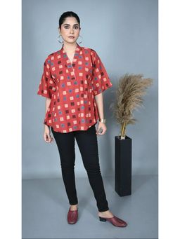 EARTHWEAR - Red Ajrakh Hand Block Printed Cotton Antifit Top