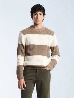 Flying Machine - Men Beige-Off White Horizontal Stripes Sweater
