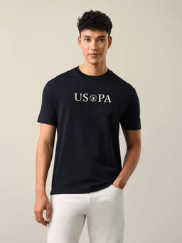U.S. Polo Assn. Denim Co. - Men Navy Blue Text Brand Embossed Slim Fit T-shirt
