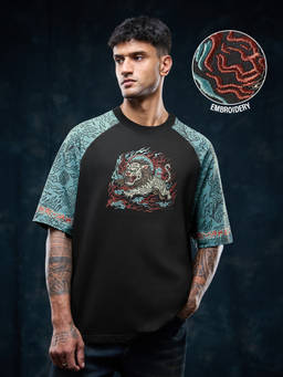 The Souled Store - Men Black Embroidered Lion Oversized T-shirt