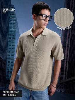 The Souled Store - Men Beige Classic Textured Polo T-shirt