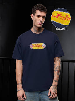 The Souled Store - Men Navy Blue Embroidered Half Sleeves T-shirt