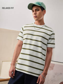 The Souled Store - Men White-Green Mystery Stripes Relaxed Fit T-shirt