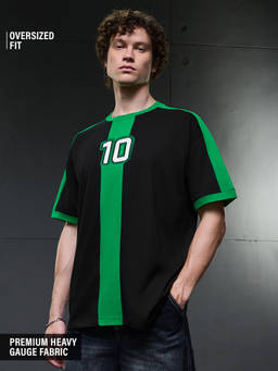 The Souled Store - Men Black-Green Colorblock Oversized T-shirt