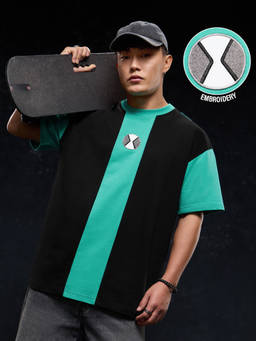The Souled Store - Men Black-Green Colorblock Oversized T-shirt