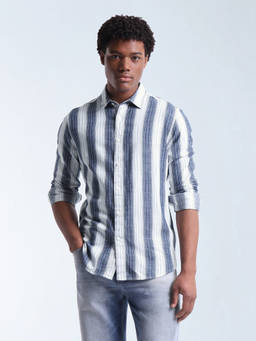 Flying Machine - Men Navy Blue-White Vertical Striped Twill Shirt