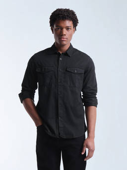 Flying Machine - Men Black Solid Relaxed Fit Twill Shirt
