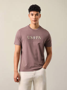 U.S. Polo Assn. Denim Co. - Men Mauve Brand Text Embossed Slim Fit T-shirt