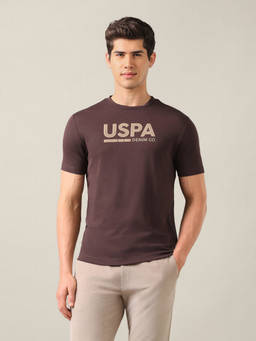 U.S. Polo Assn. Denim Co. - Men Brown Text Brand Embossed Slim Fit T-shirt