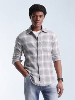 Flying Machine - Men Grey Grid Tattersall Checked Twill Shirt