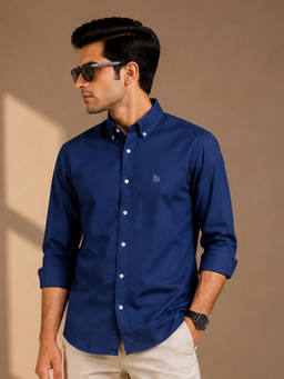 necked - Men Navy Blue Solid Full Sleeves Shirt