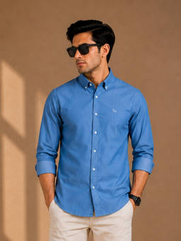 necked - Men Blue Solid Full Sleeves Shirt