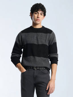 Flying Machine - Men Grey-Black Horizontal Stripes Sweater