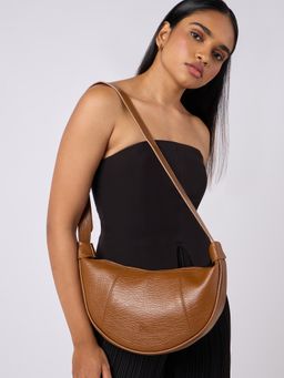 Twenty Dresses by Nykaa Fashion - Tan Solid Half Moon Shaped Crossbody Sling Bag