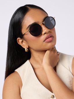 Twenty Dresses by Nykaa Fashion - Black and Gold Round Full Rim Sunglasses