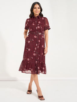 Styli - Red Floral Print Shirt Midi Dress with Belt (Set of 2)